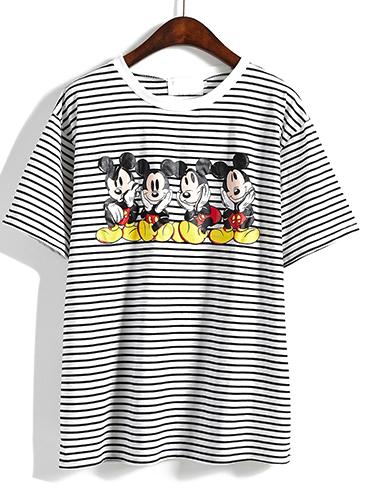 Romwe Mickey Print Striped T-shirt
