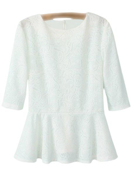 Romwe White Half Sleeve Zipper Back Jacquard Blouse
