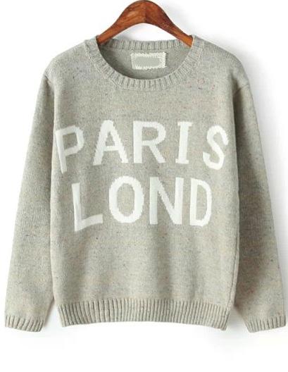 Romwe Paris Lond Print Light Grey Sweater