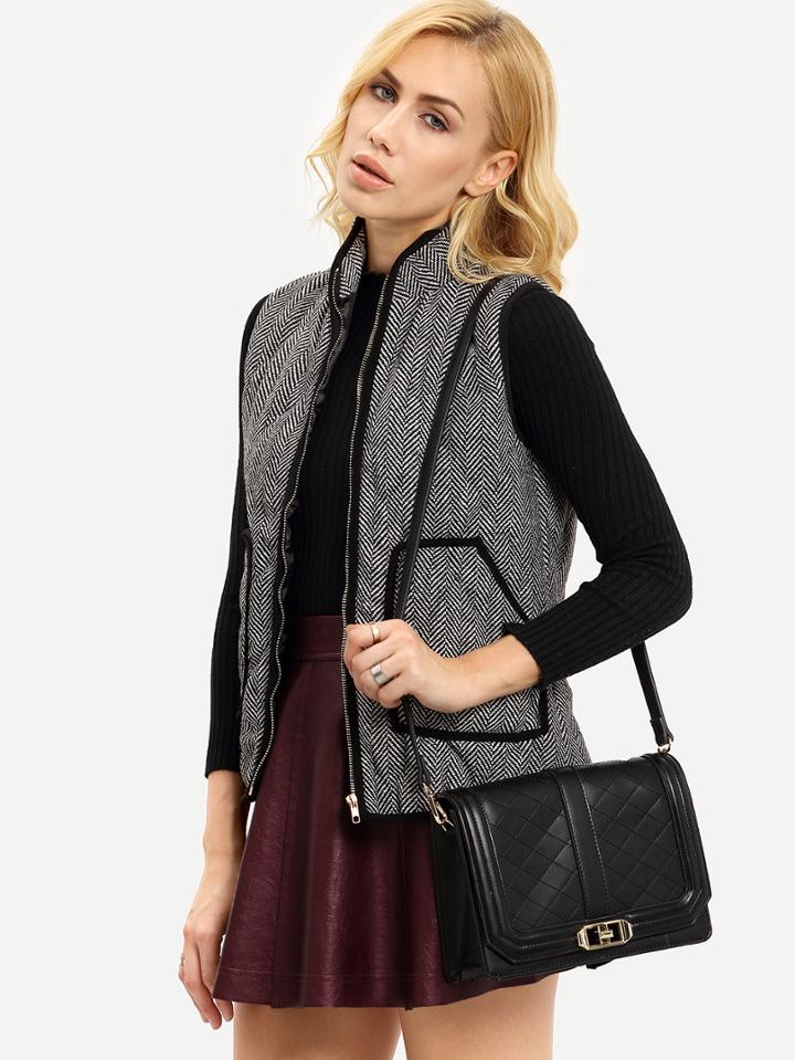 Romwe Front Zipper Chevron Print Vest