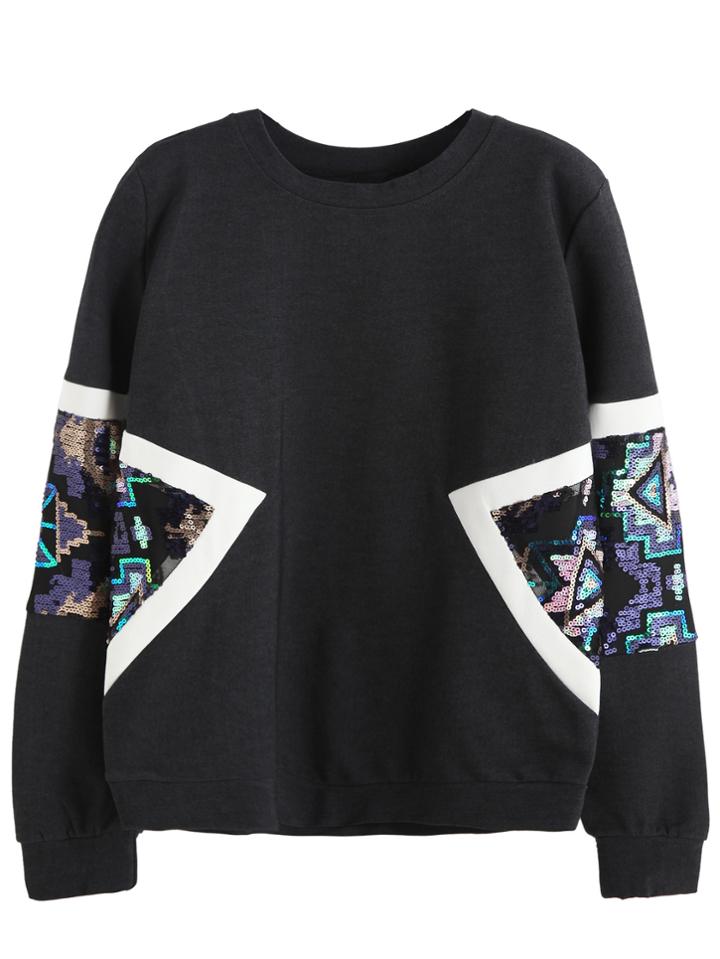 Romwe Black Contrast Sequined Sweatshirt