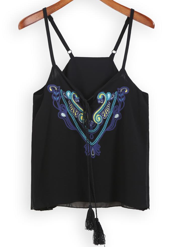 Romwe Spaghetti Strap Lace Up Embroidered Black Cami Top