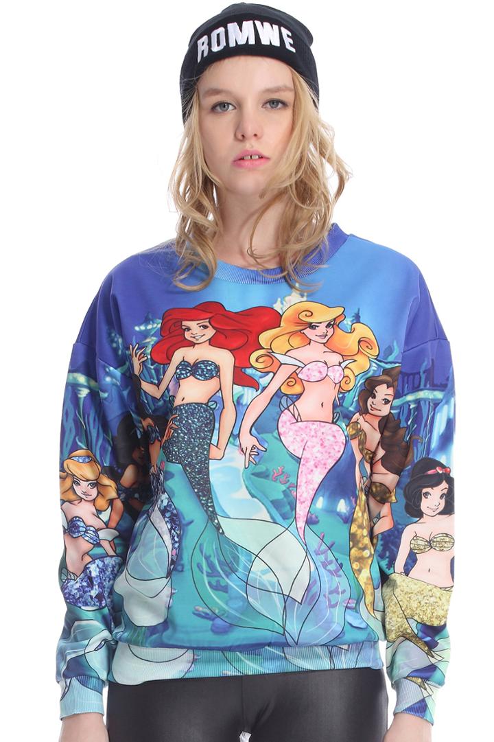 Romwe Romwe Mermaid Princesses Print Long-sleeved Sweatshirt
