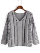 Romwe V Neck Ripped Grey Sweater