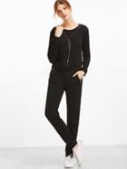 Romwe Black Zip Detail Sweatshirt With Elastic Waist Pants