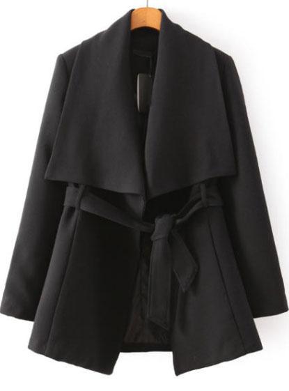 Romwe Lapel Self-tie Black Coat