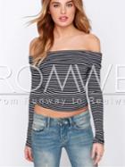 Romwe Black White Off The Shoulder Striped T-shirt