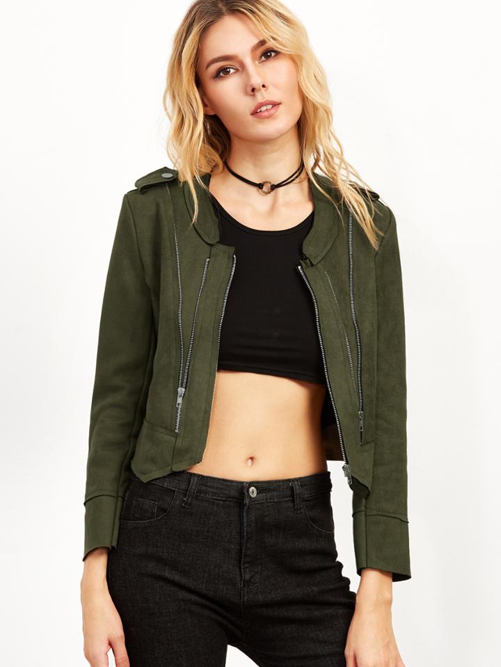 Romwe Army Green Asymmetric Hem Zipper Jacket