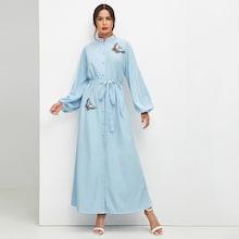 Romwe Bishop Sleeve Embroidery Buttoned Dress
