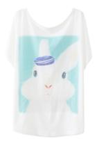 Romwe Cute Rabbit Print Batwing White T-shirt