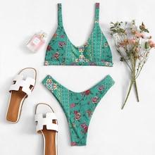 Romwe Floral High Leg Bikini Set