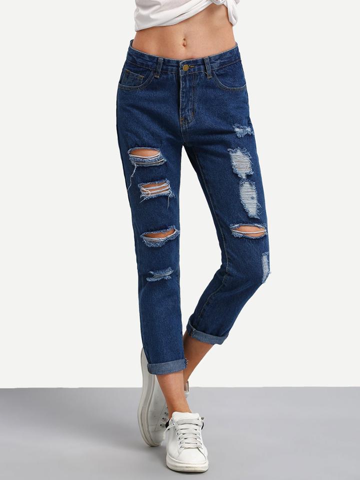 Romwe Ripped Rolled Hem Jeans