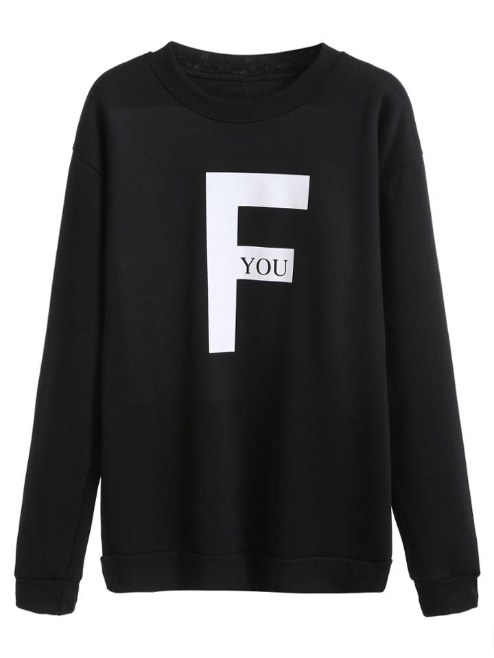 Romwe Black Letter Printed Boyfriend Sweatshirt