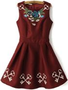 Romwe Sleeveless Key Embroidered Red Dress