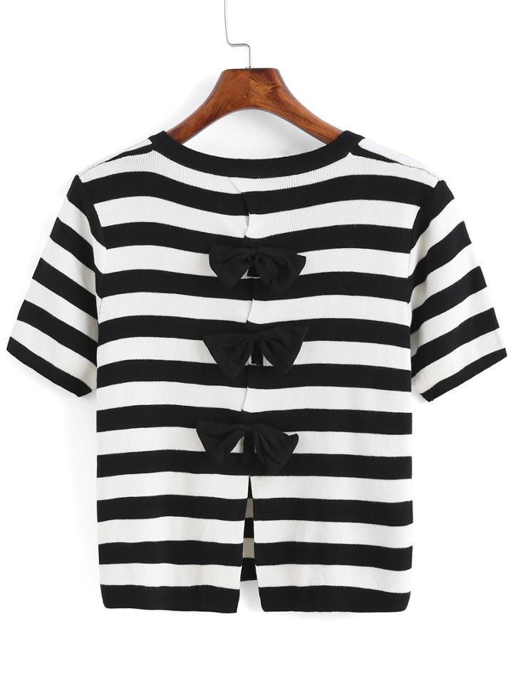 Romwe Back Bow Striped T-shirt