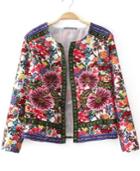 Romwe Floral Print Embroidered Crop Coat