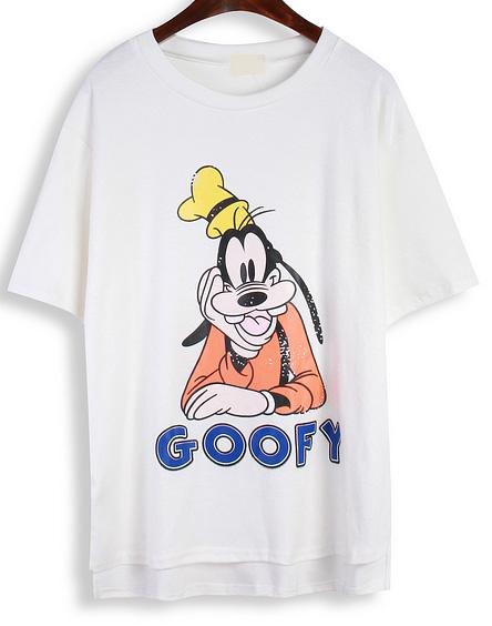 Romwe Cartoon Goofy Print Dip Hem White T-shirt