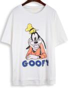 Romwe Cartoon Goofy Print Dip Hem White T-shirt