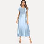 Romwe Lace Up Front Stripe Dress