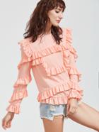 Romwe Pink Buttoned Keyhole Back Ruffle Blouse