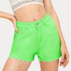 Romwe Neon Lime Button And Pocket Detail Denim Shorts