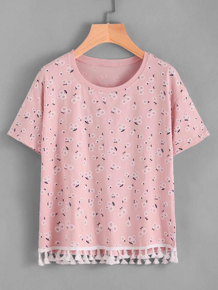 Romwe Ditsy Print Tassel Hem Tee