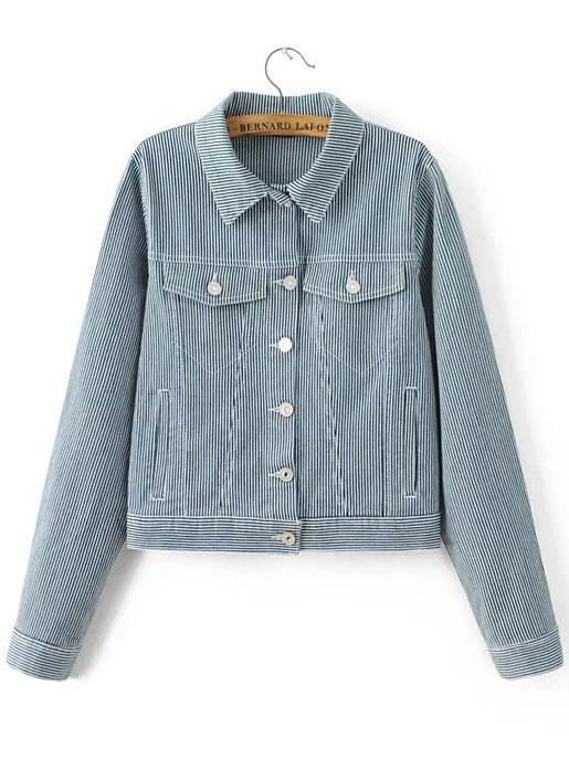 Romwe Blue Vertical Striped Single Breasted Pocket Jacket