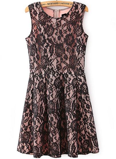 Romwe Sleeveless Pleated Lace Pink Dress