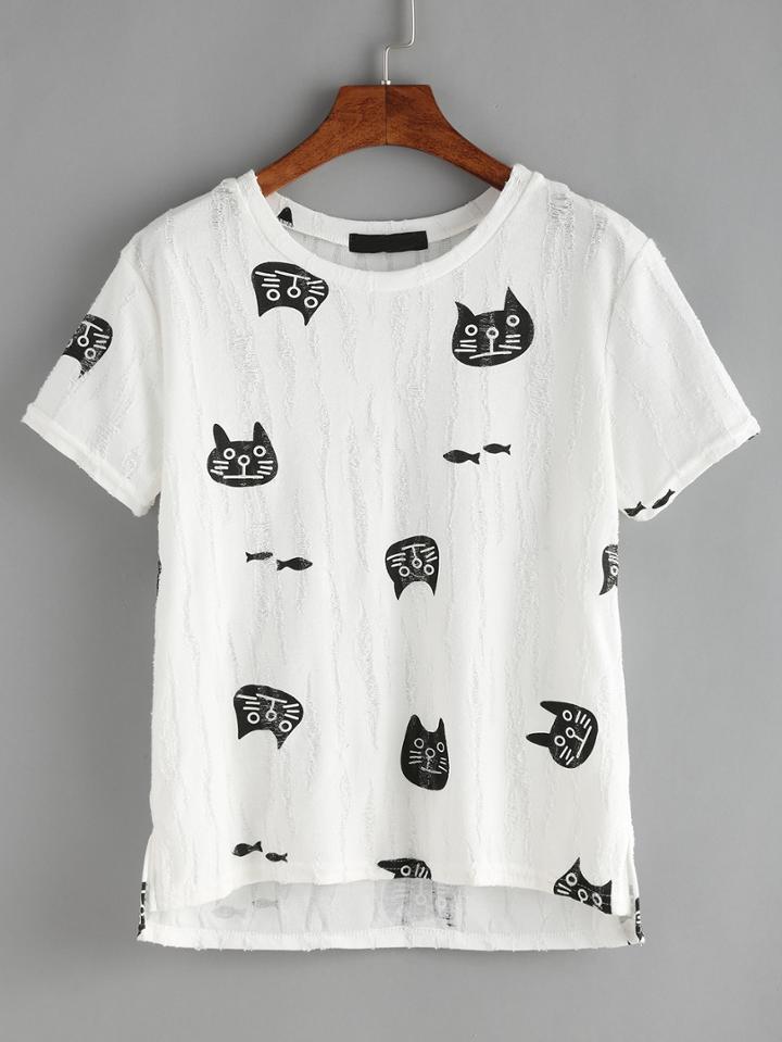 Romwe Cat Print Dip Hem T-shirt
