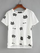 Romwe Cat Print Dip Hem T-shirt
