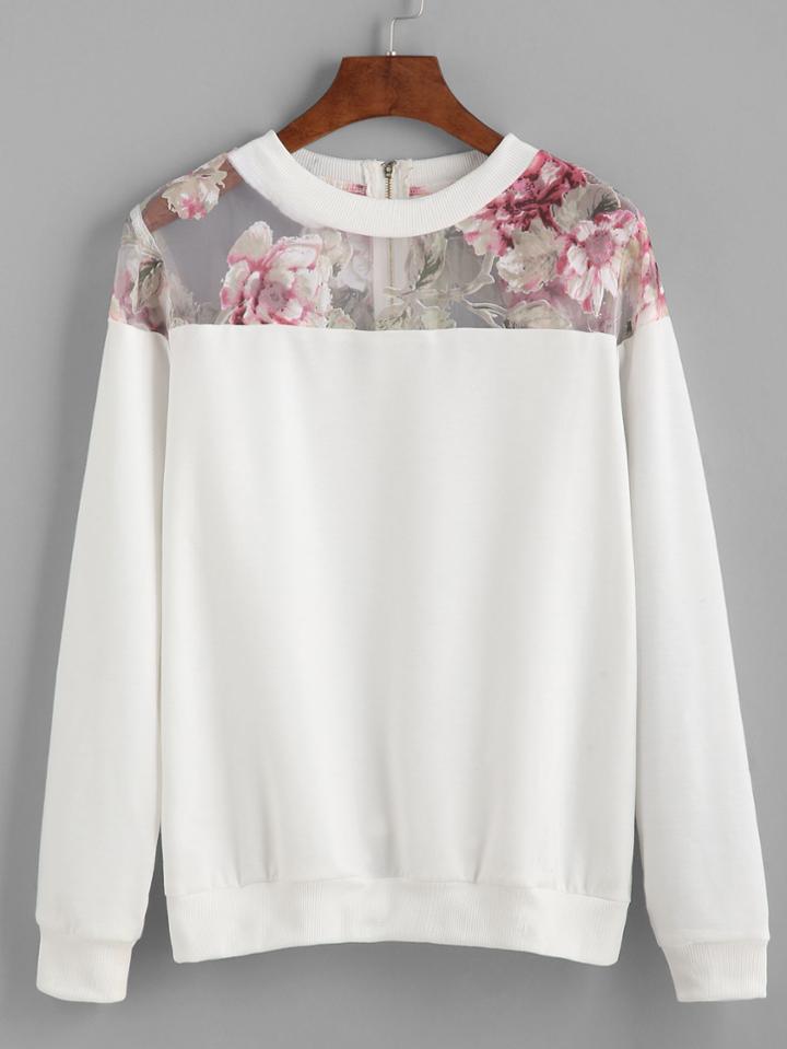 Romwe White Florals Mesh Insert Zipper Sweatshirt