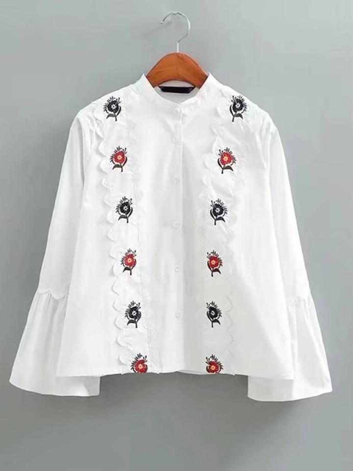 Romwe Bell Sleeve Scalloped Trim Embellished Blouse