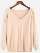 Romwe Apricot Contrast Trim Slit Sweater