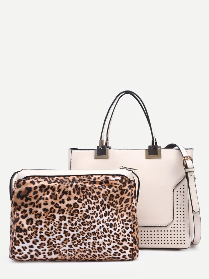 Romwe White Laser Cut Satchel Bag With Leopard Makeup Bag