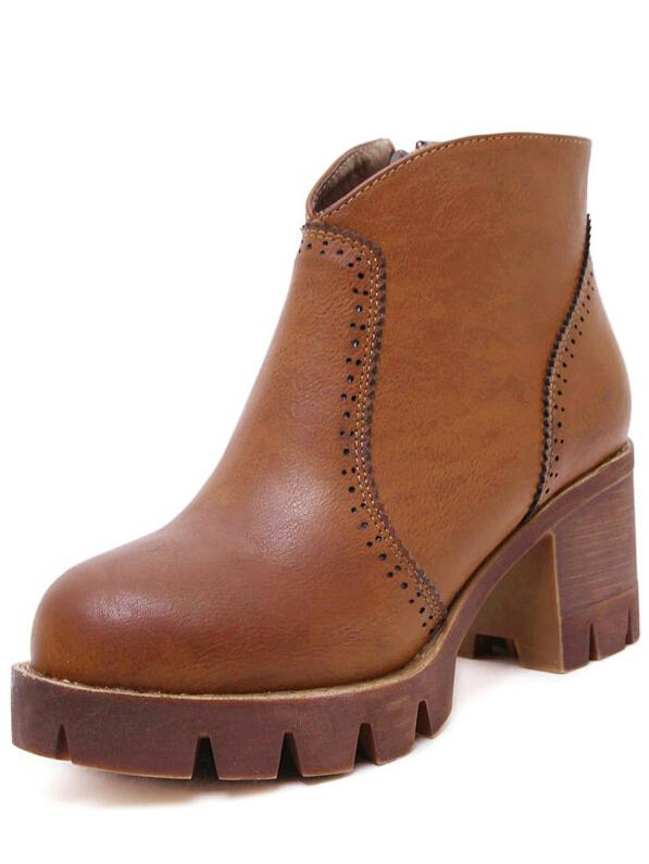 Romwe Coffee Round Toe Zipper Chunky Boots