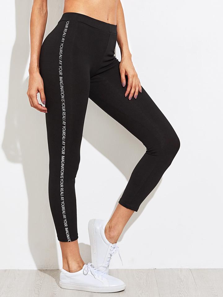Romwe Letter Print Side Skinny Leggings