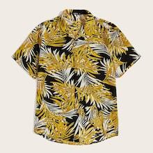 Romwe Guys Colorblock Allover Leaves Print Shirt