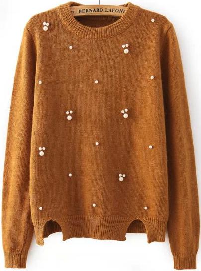 Romwe Bead Split Knit Khaki Sweater