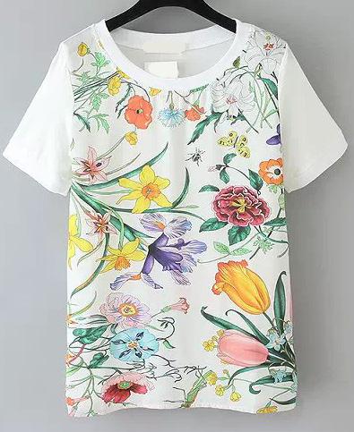 Romwe Floral Print Slim T-shirt