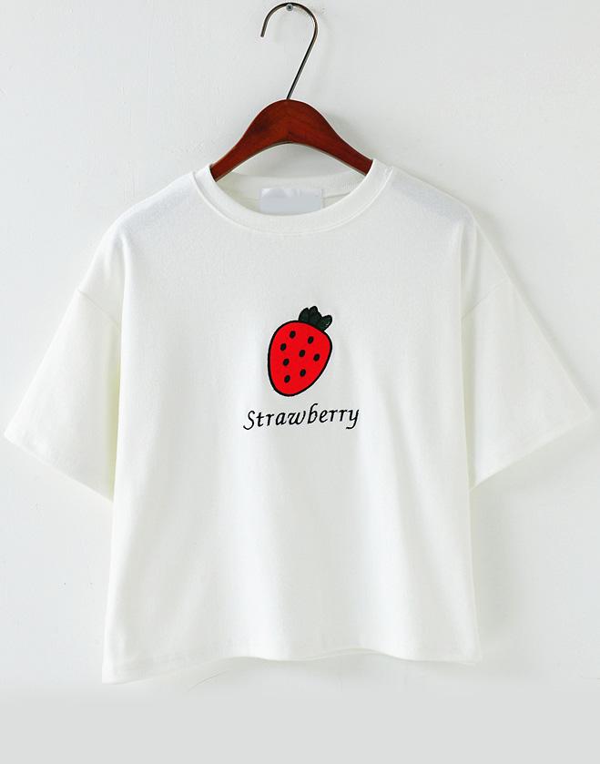Romwe Strawberry Embroidered Loose White T-shirt