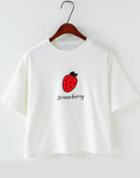 Romwe Strawberry Embroidered Loose White T-shirt