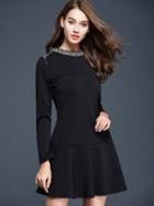 Romwe Black Round Neck Long Sleeve Beading Dress