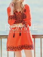 Romwe Orange Drawstring Neck Tribal Print Dress