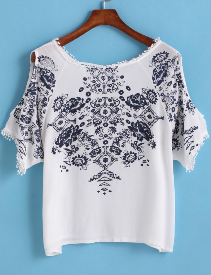 Romwe Open Shoulder Flower Print Top