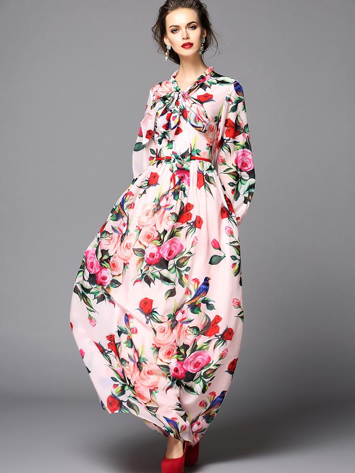 Romwe Pink Round Neck Long Sleeve Tie-waist Print Dress