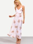 Romwe Pink Flower Print Backless Cami Maxi Dress