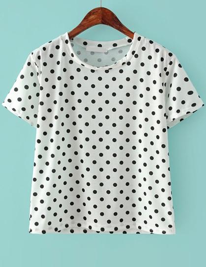 Romwe Round Neck Polka Dot White T-shirt