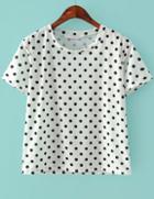 Romwe Round Neck Polka Dot White T-shirt