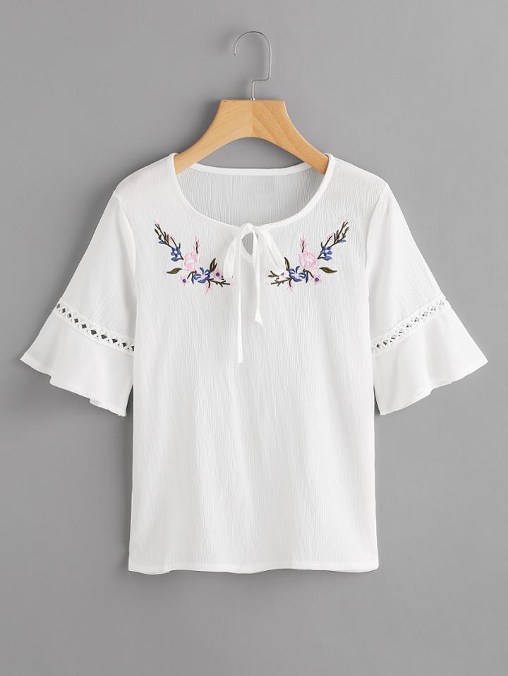Romwe Floral Embroidered Self Tie Neck Pleated Blouse
