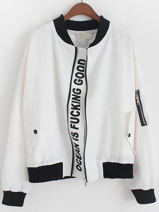 Romwe Stand Collar Letter Print White Jacket
